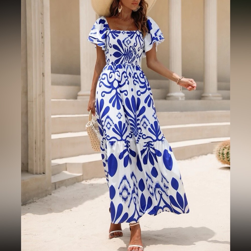 Boho floral print square neck puff sleeve maxi dress